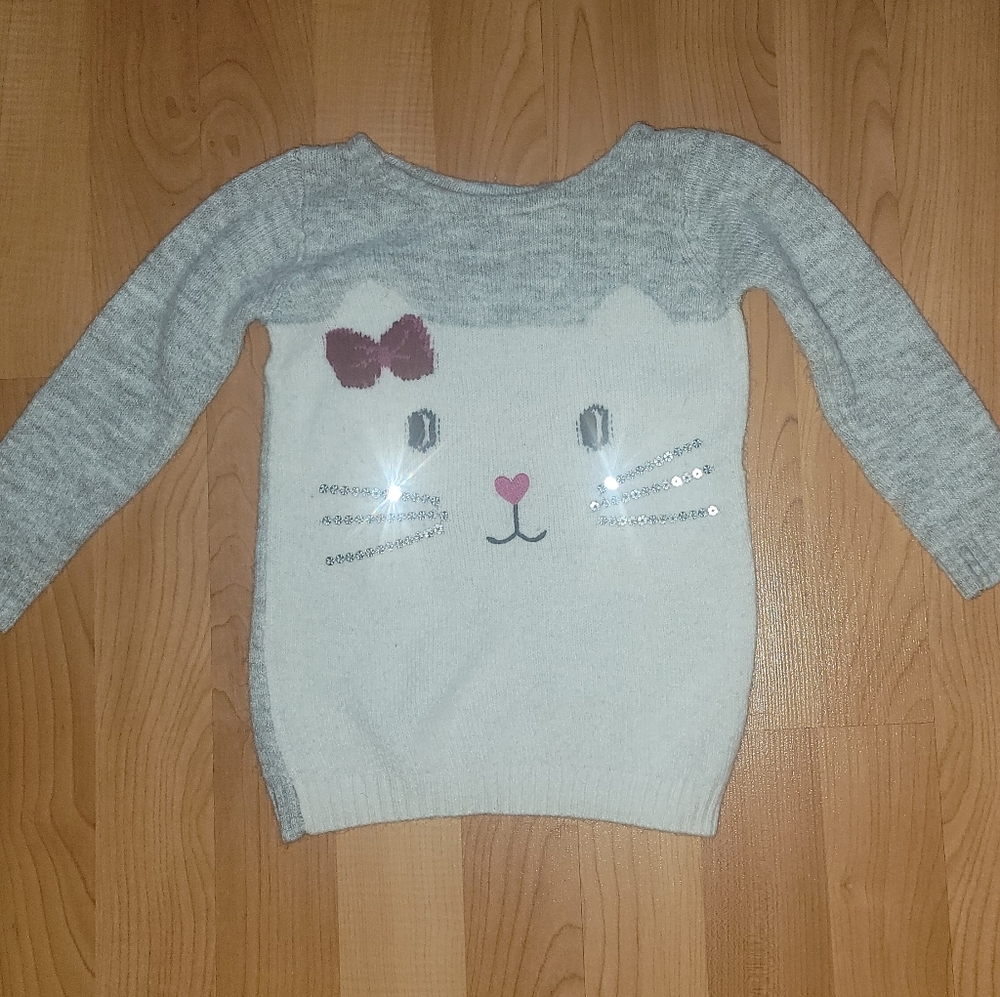 Carter's Toddler Girl 2T White Grey Crew Sweater Cat Face Kitten Sequins Print
